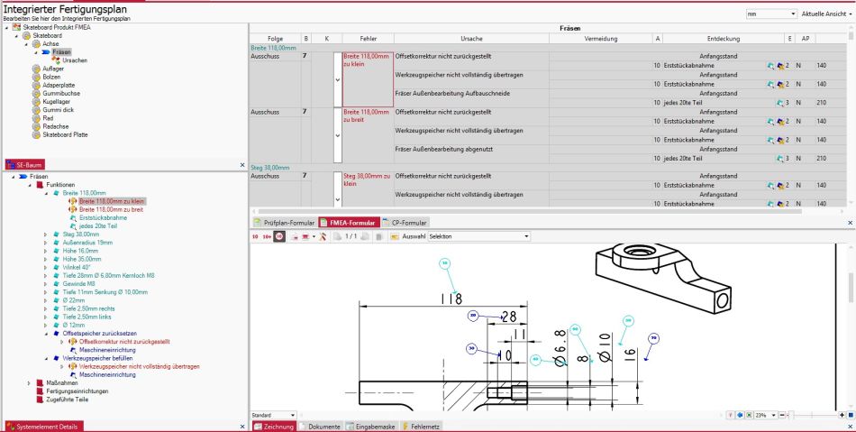 Software Screen FMEA-Software mit Darstellung der Übernahme der Spezifikationen direkt aus der Zeichnung.