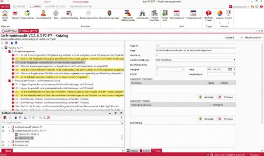 Softwarescreen PeakAvenue Auditmanagement Fragenkatalog nach VDA 6.3