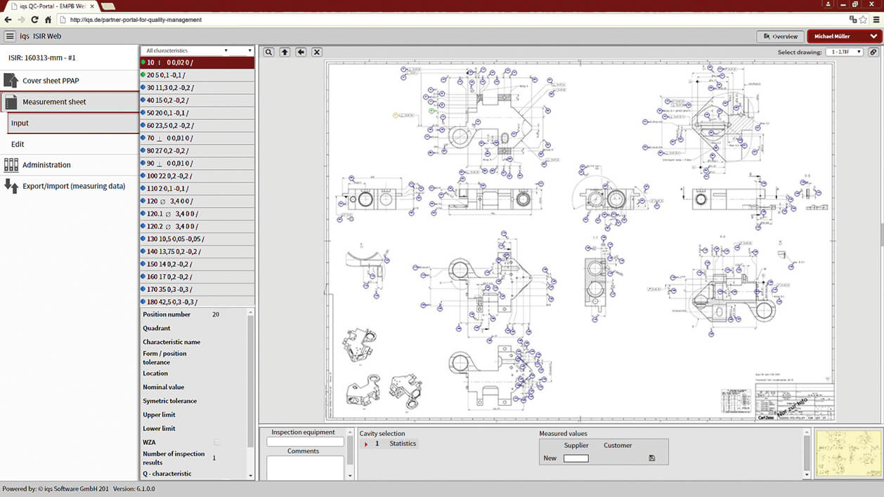 Softwarescreen Bemusterungsabwicklung mit 2D-Zeichnung